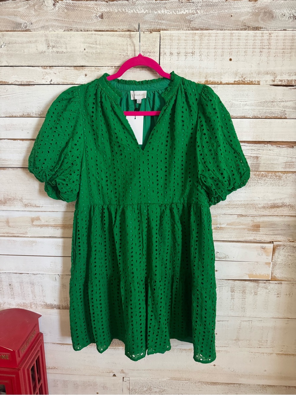Green Eyelet Puff Sleeve Mini Dress